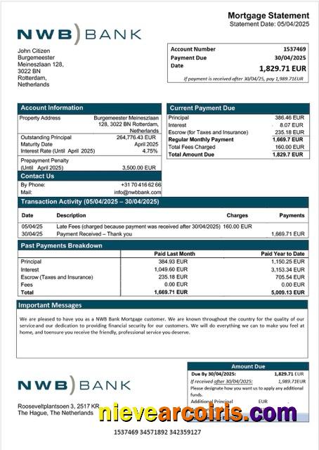 Netherlands NWB Bank mortgage statement Word and PDF template